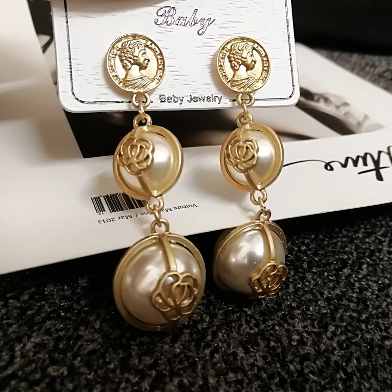 

korean vintage golden rose flower pearl drop earring jewelry for women