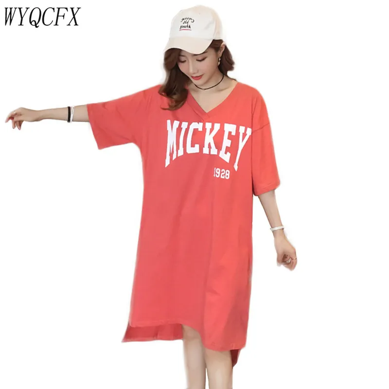 

Summer Dress Plus Size Women 2019 New Long Oversized Loose V-neck Ladies Dresses Harajuku Short Sleeved Cotton Mickey Clothes