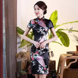 Винтаж для женщин Cheongsam пикантные платье с цветочным принтом летние платья коротким рукавом Атлас платье Ципао с разрезом традиционные