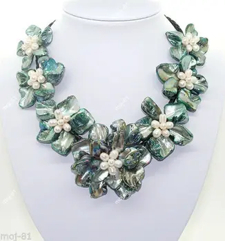 

Hot sale new Style >>>>>Stunning Handmade Freshwater Pearl Sea Shell Flower Leather Necklace 18"- Green