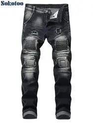 Sokotoo для мужчин патч дизайн серый черный стрейч джинсовые рваные джинсы плюс размеры отверстия лоскутное узкие брюки