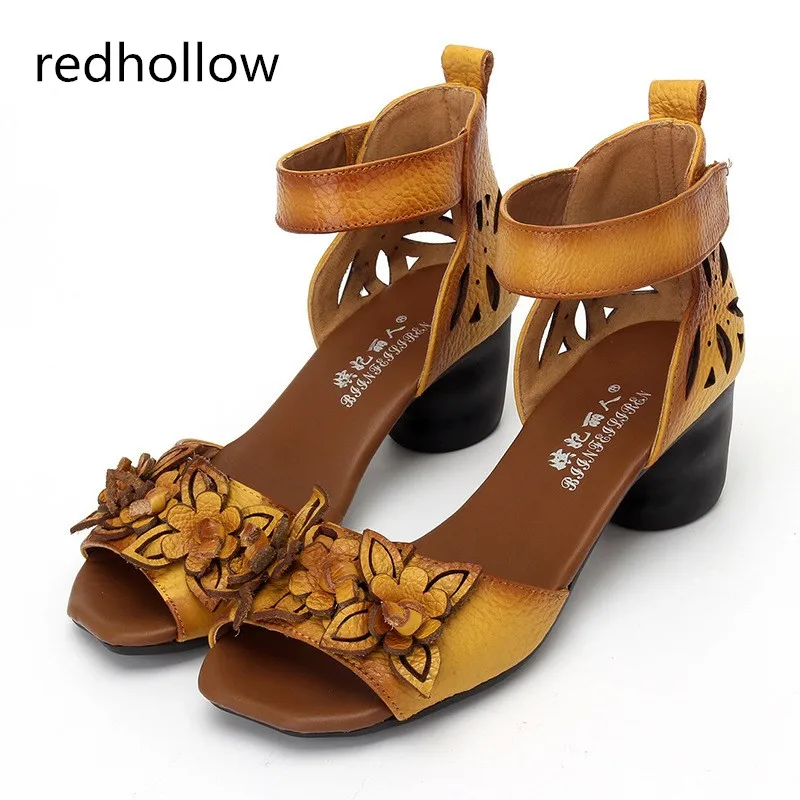 

Women high Heels Sandals Closed Toe Flower Ethnic Style Handmade Genuine Leather Personalized Women Sandal black yellow red