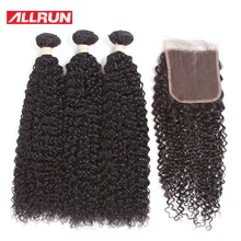 Allrun Peruvian Kinky Curly 3 Bundles Human Hair with 4*4 Lace Closure Non-remy Hair Weave 4 Pcs/lot Free Shipping