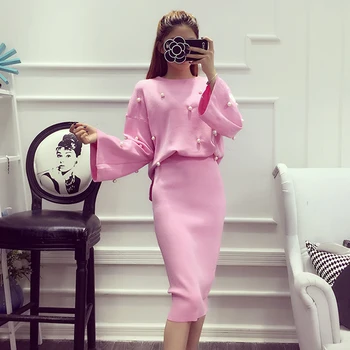 2016 Women's Fashion 2pcs Suits Winter Knitting Long-sleeved Sweet Pearls Sweater + Pencil Skirts 2pcs Long Skirt Sets