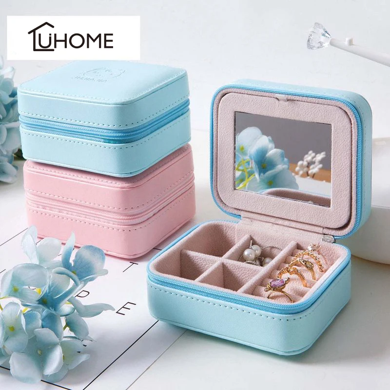 

Cute Mini Jewelry Box Portable Travel Organizer Earrings Rings Jewelry Case with Mirror PU Leather Box for Necklace Bracelet