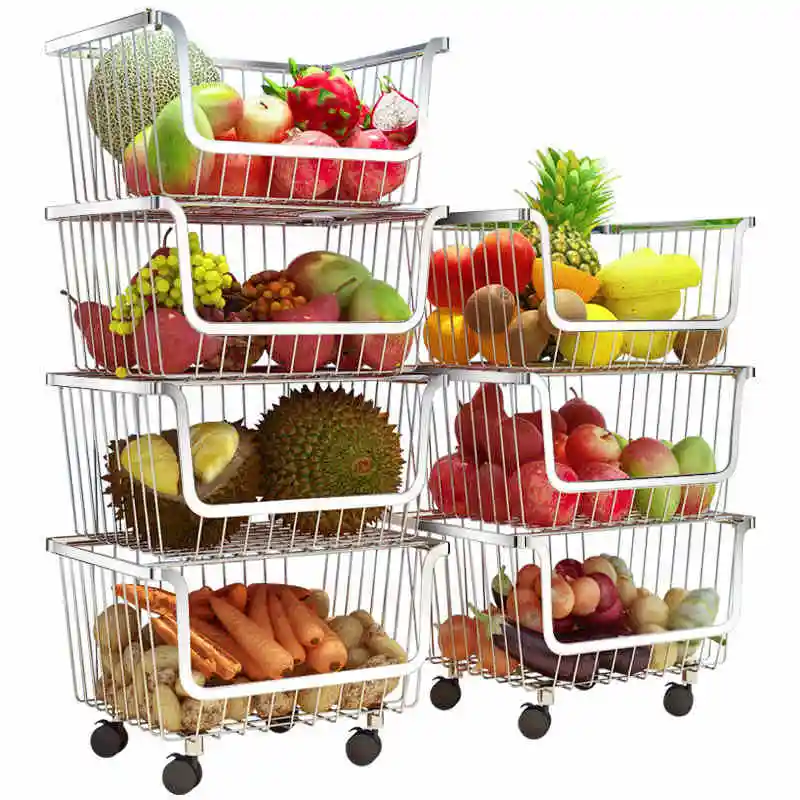 

304 Stainless Steel Vegetable Storage Rack with 3/4 Tier The Stackable Storage Baskets, with Wheels for Bathroom Kitchen