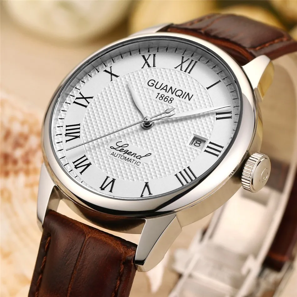 GUANQIN Mens watch Luxury Automatic Watch Men Mechanical Movement Wristwatches Waterproof Watches Top Brand White Day Display