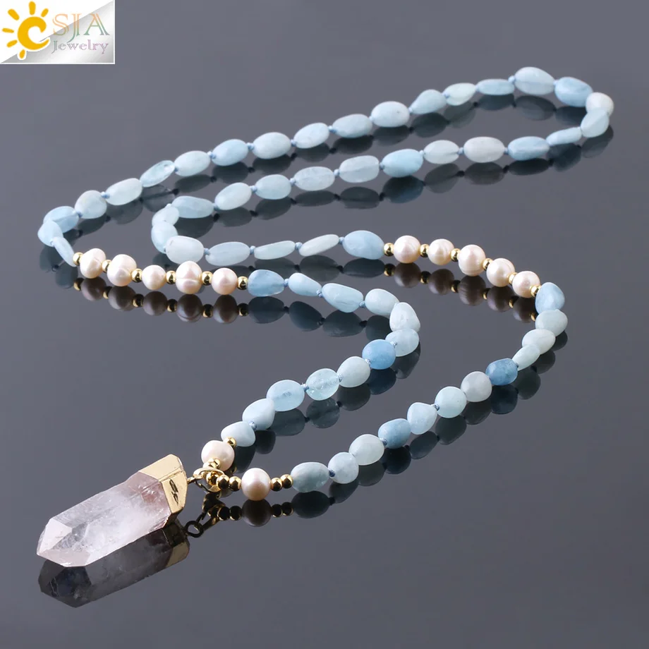 CSJA Boho Irregular Natural Stones Pearl Necklace Knotted Rope White