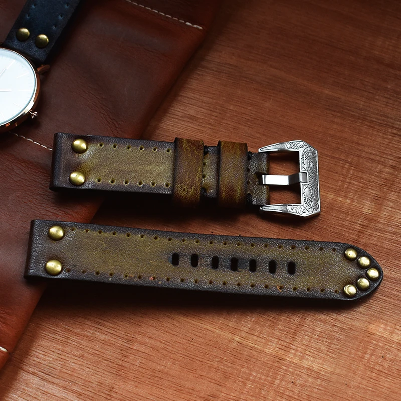 Retro Watch Strap Leather 18mm 20mm 22mm 24mm Watch Band Strap for Panerai Brushed Stainless Stee Carved Clasp Accessories