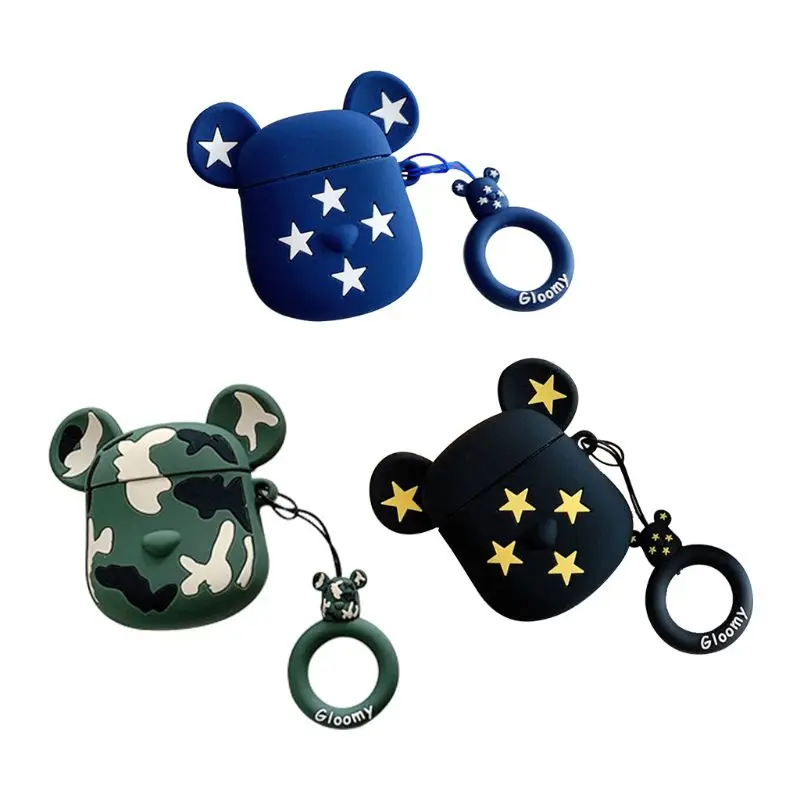

Colorful Bear Pattern Soft Silicone Protective Cover Shockproof Case Skin with Lanyard for Airpods 1/2 Charging Box