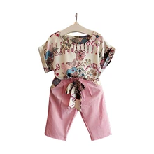 Одежда для девочек 2, 3, 4, 5, 6, 7, 8 лет весенне-летние детские костюмы для девочек, футболка с цветочным рисунком розовые штаны комплект одежды для детей