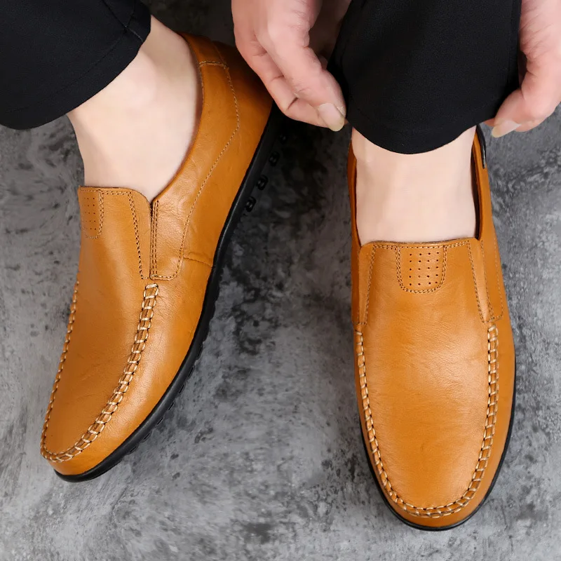 Мужские мокасины из натуральной кожи; черные мужские дышащие повседневные итальянские мокасины на плоской подошве; удобная обувь для вождения размера плюс 37-47