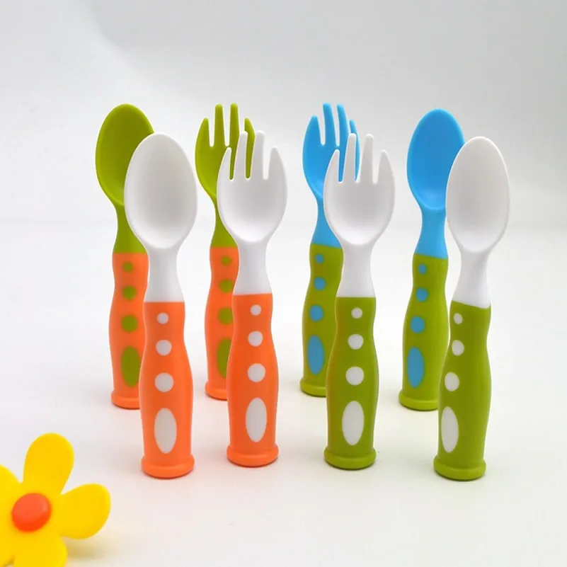 

2Pcs/Set Baby Spoon+Fork Set Kids Utensils Safety Baby Feeding Spoon Handle Easy To Hold Child Spoon Tableware Solid Feeding