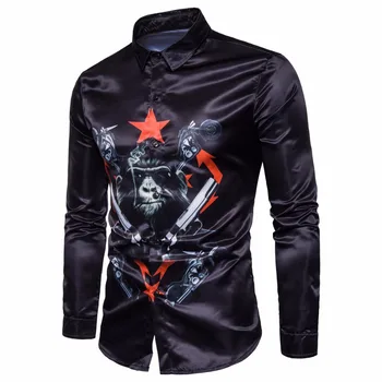 

European Style Autumn Business Shirts Fashion Mens Shirt Orangutan Digital Printing Long Sleeve Male Nice S-2XL