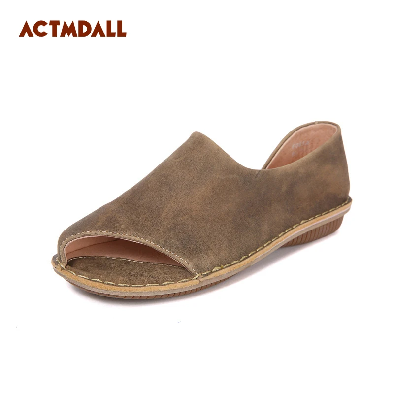 

Handmade leather ladies sandals peep toe flat heel 2019 spring and summer retro style women flat shoes khaki Actmdall