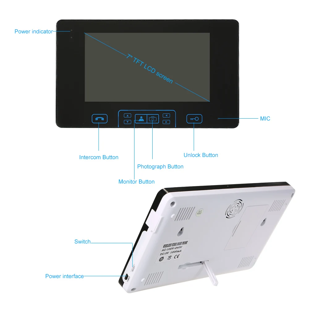 HomeEye 2,4 ГГц цифровой беспроводной видео дверной звонок Домофон Система встроенный аккумулятор 7''TFT lcd сенсорный ключ непромокаемый экран