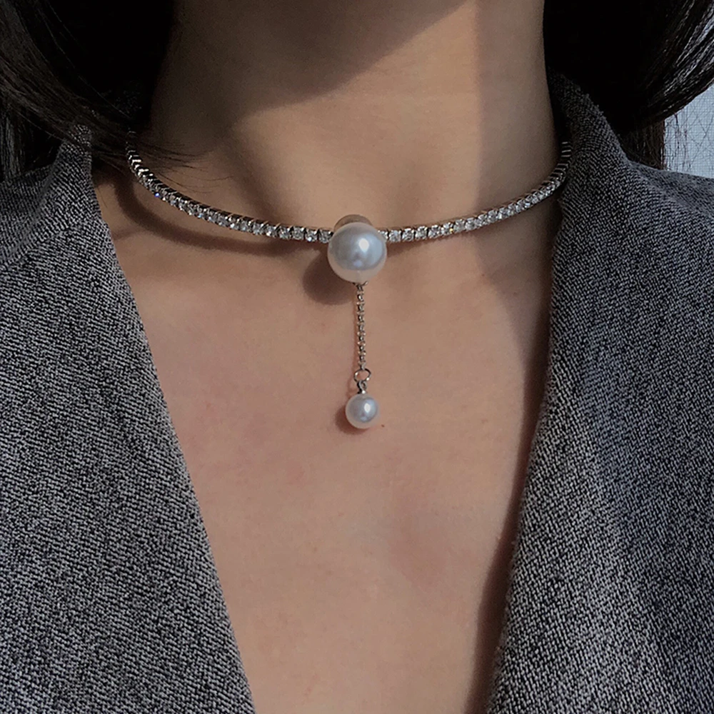 

Fashion Crystal Choker Necklace Women Boho Imitation Pearl Necklaces & Pendants Female Collier Femme Wedding Silver Jewelry Gift