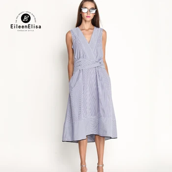 

Runway Dresses 2017 Women High Quality Midi Dress Stripes Midriff Dress