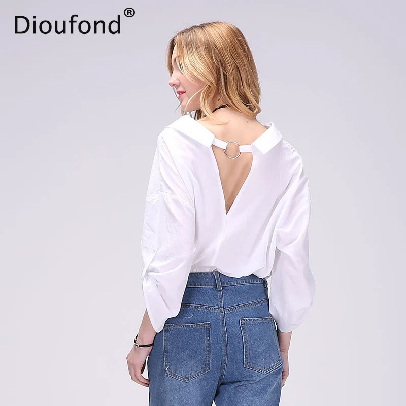 Dioufond-Long-Hollow-Out-Women-Blouses-Backless-White-Loose-V-neck-Three-Quarter-Sleeve-Blusas-2017