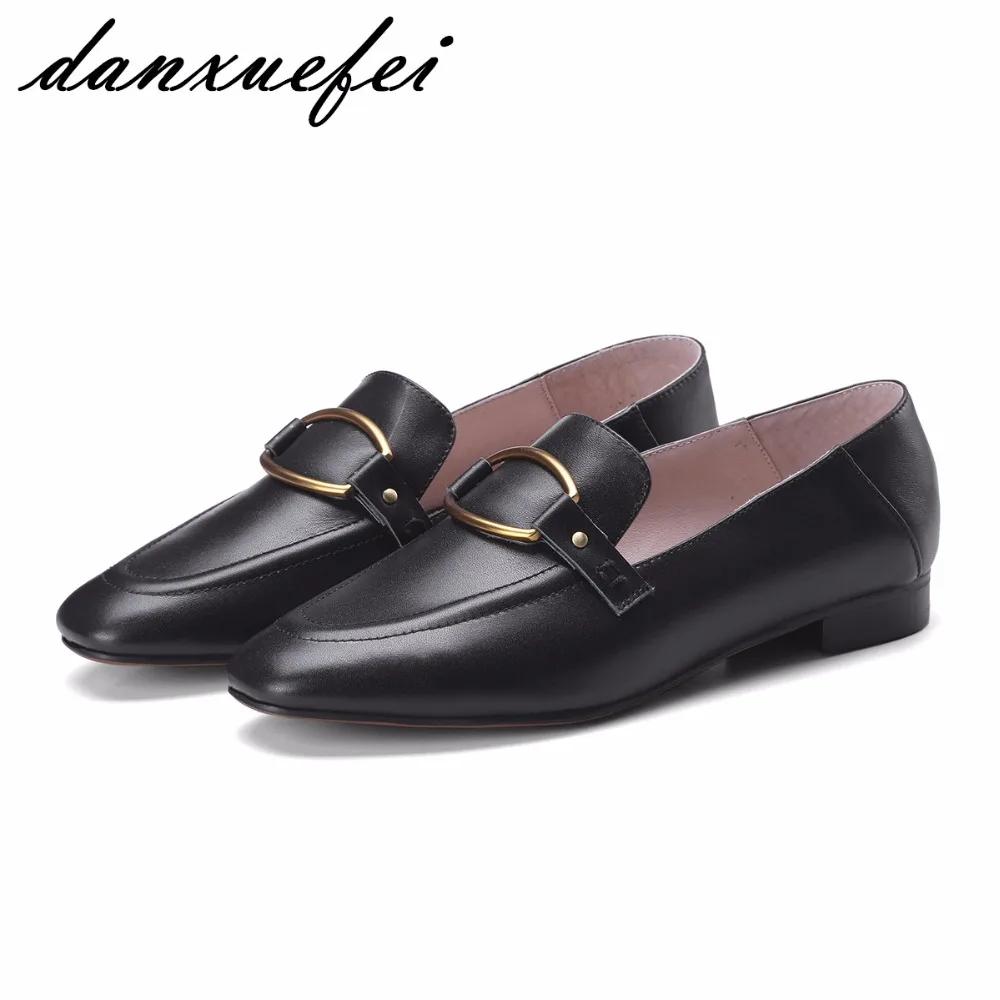 

Women's genuine leather metal buckle slip-on flats loafers brand designer leisure comfortable square toe slides shoes for women