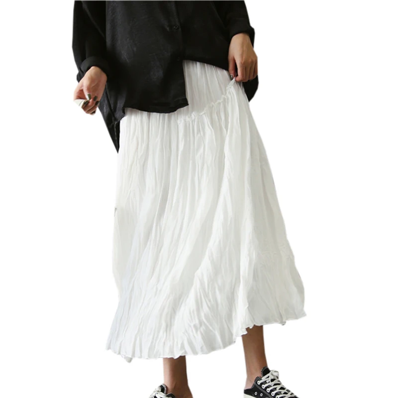 Fashion Pleated Loose Skirts Women Elastic High Waist Big Swing Cotton
