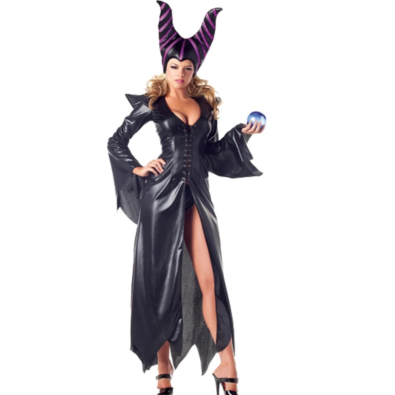 

Movie Sleeping Beauty Witch Maleficent Costume Halloween Women Fantasia Evil witch Costumes Adult Fancy Party Cosplay Dress Hat