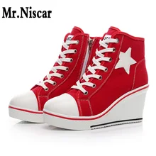Women Wedge Sneakers 2018 Korean High Top Side Zipper Lace Up Canvas Shoes Female Platform Height Increasing Wedges Shoes Woman cyabmoz women high heels platform shoes wedge genuine leather height increasing lace up low top party ladies shoes zapatos mujer