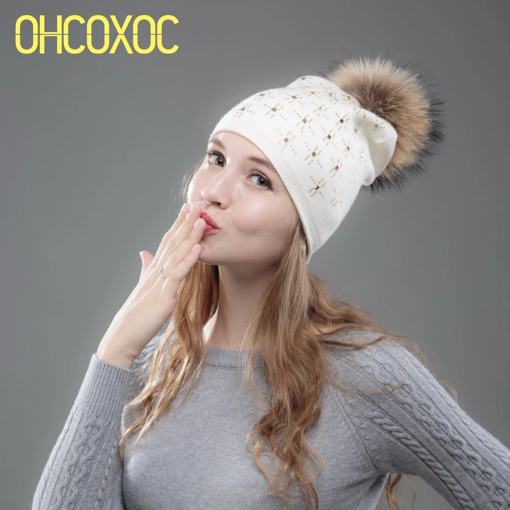 

OHCOXOC New Women Beanies Real Fox Mink Fur Pom Ball Cap Keep Warm Beanies Skullies Champagne Rhinestone Autumn Winter Hat