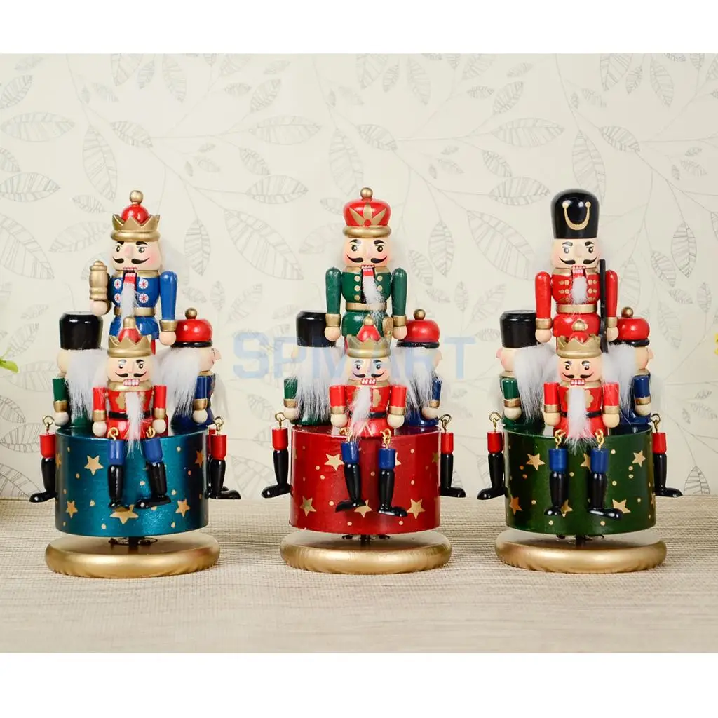 

3 Set 20cm Wooden Handpainted Nutcracker 4 Soldier Musical Box Mechanical Wind Up Toy Christmas Decor Kids Gift