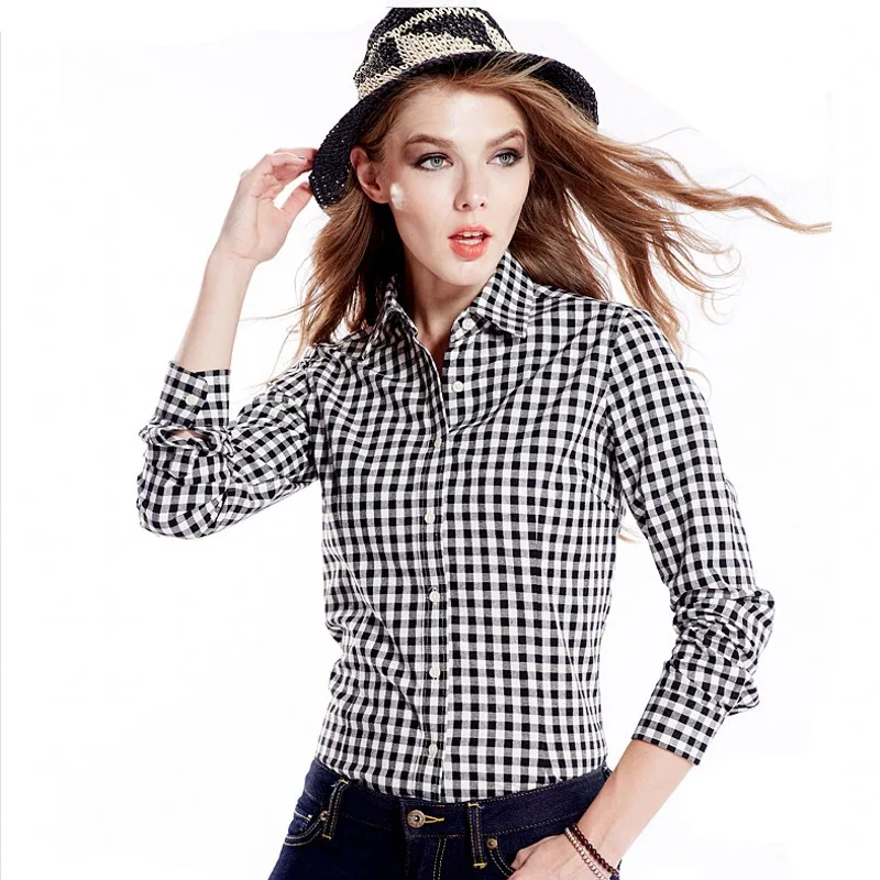 2017 summer women blouses long sleeve female plaid shirt high quality cotton plus size fashion