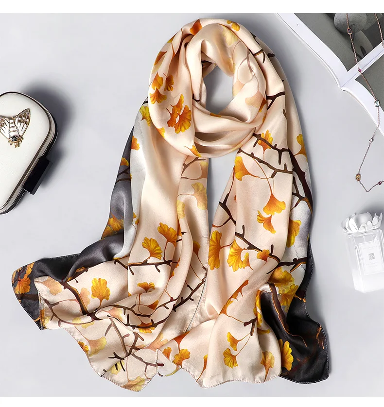 Шарфы из чистого шелка женские новые элегантные цветочные печатные шали и обертывания Женский мягкий длинный палантин высокое качество зимний шарф