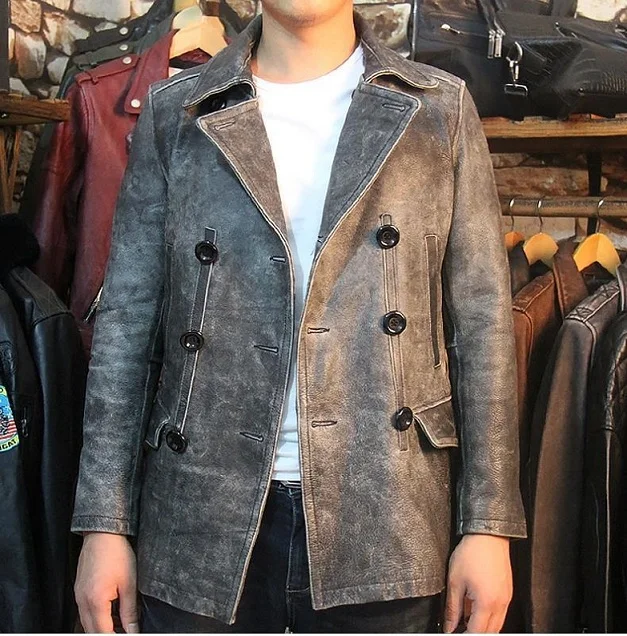 Брендовые Новые мужские толстые винтажные кожаные длинные куртки, мужские байкерские Тонкие Куртки из натуральной кожи. Осенние большие размеры - Цвет: vintage gray