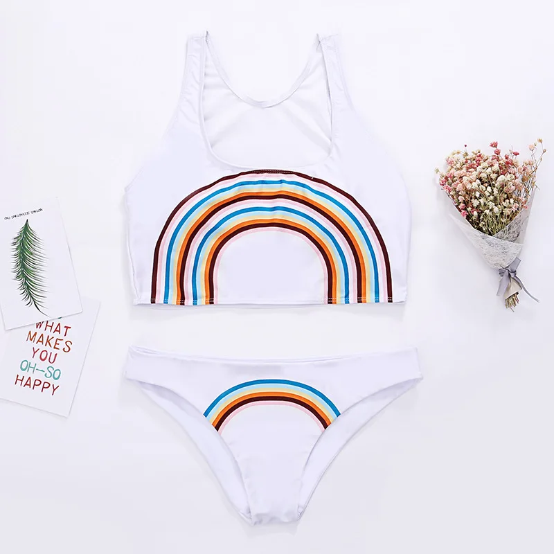 

Rainbow Print Bikini Swimwear Women Swimsuit Whote Tube Bikini Set Low Waist Padded Biquni Bathing Suit Bathing Suit Beachwear