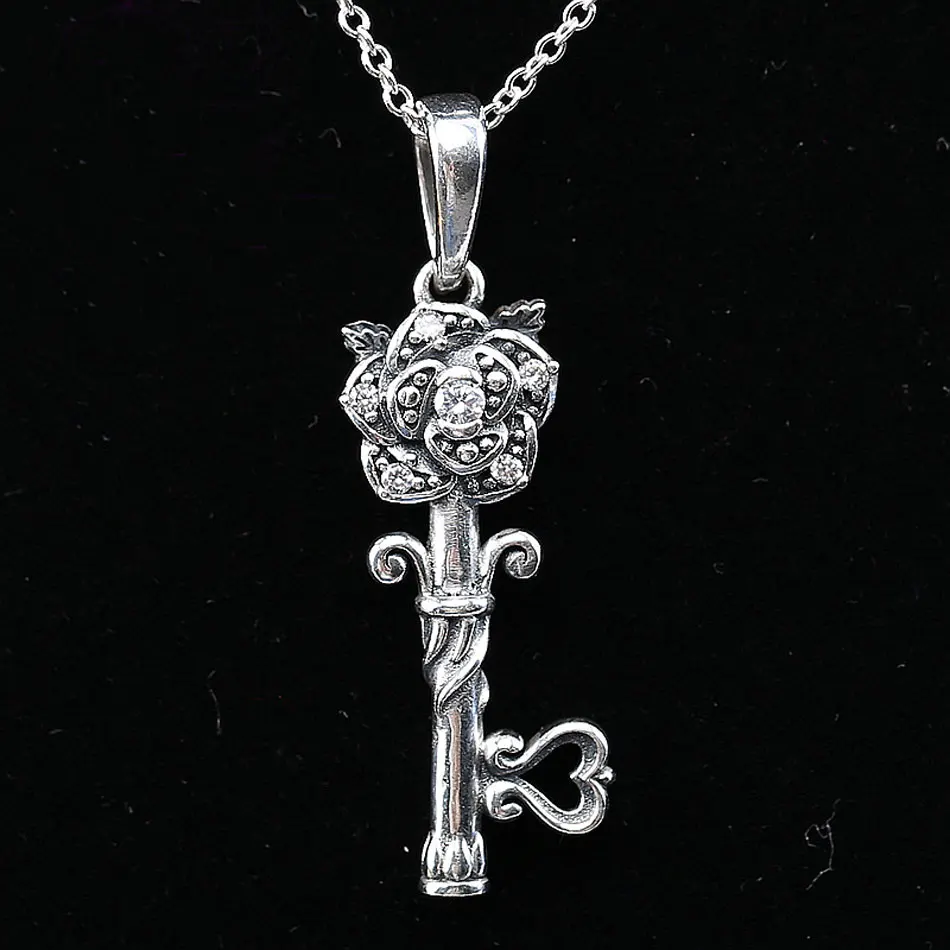 

925 Sterling Silver Necklace Vintage Rose Key With Clear Cubic Zirconia Pendant Necklaces For Women Wedding Gift Fine Jewelry
