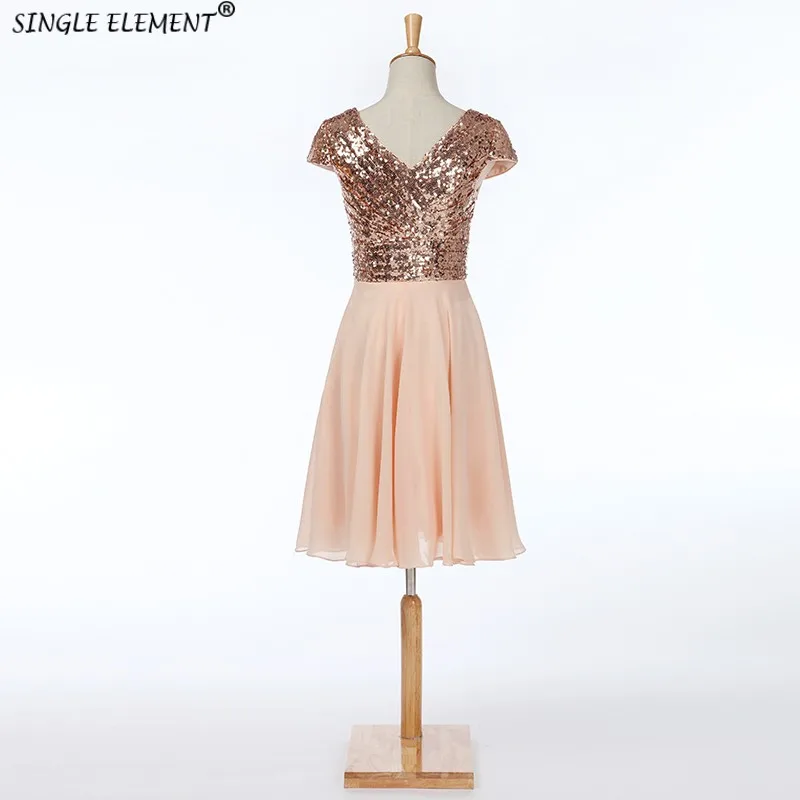 

SINGLE ELEMENT Real Photo Fashion Cap Sleeve Sequin Knee Length Short Bridesmaid Dresses Under 50