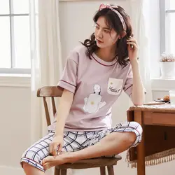 Женские пижамы летние корейские хлопковые свежие милые короткие рукава икры Длина брюки удобные повседневные пижамные комплекты из двух