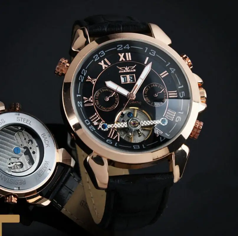 

JARAGAR Luxury Watch Men Day Tourbillion Automatic Mechanical Watches Leather Band Wristwatch