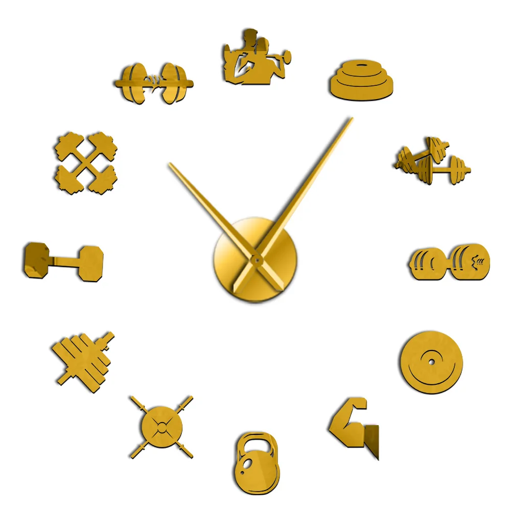 Бодибилдер спорт 3D DIY настенные часы Уникальный Бодибилдинг подарок для фитнес Любителя тренажерный зал акриловый зеркальный эффект Настенный декор часы - Цвет: Gold