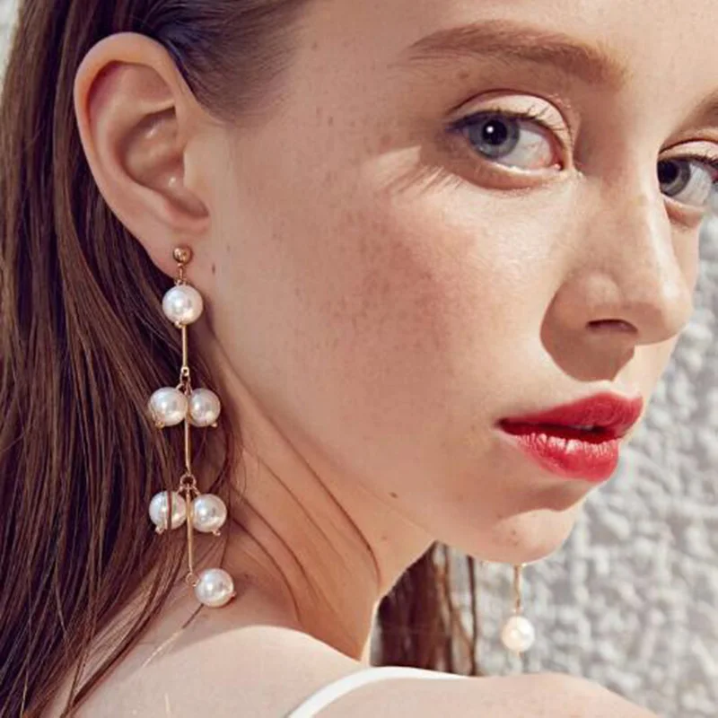 HOCOLE New Big Simulated Pearl Long Bride Earrings Wedding Drop Earrings Elegant Pearls String For Women Jewelry Party Gift