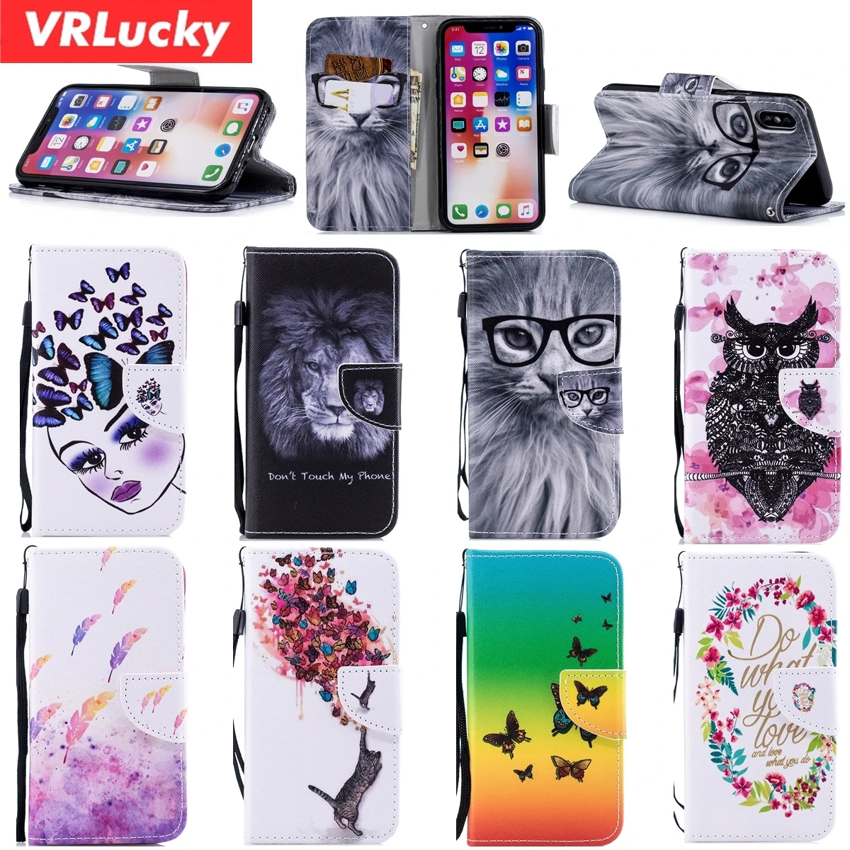 VRLucky лев кошка &quotБабочки&quot откидная крышка чехол для телефона huawei P8 P9 P10 P20 Lite Plus Y3