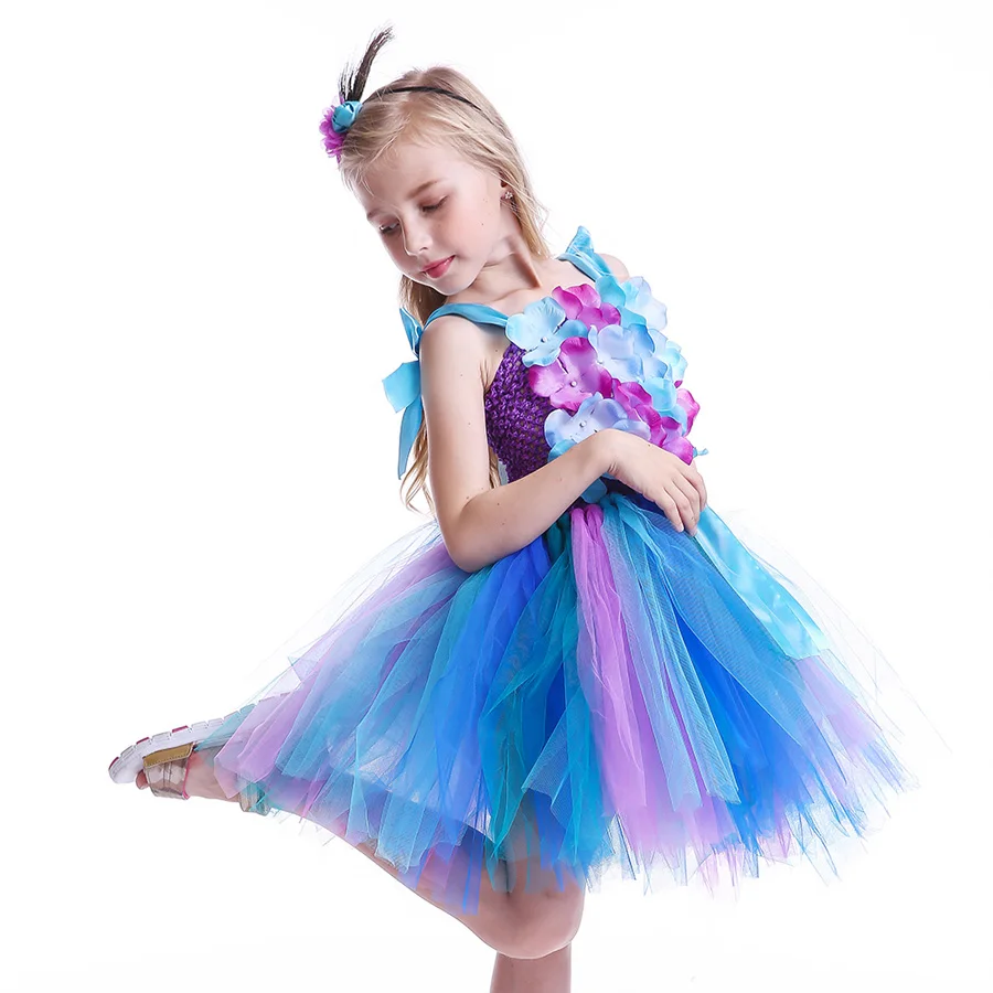 Peacock Flowers Pageant Girl Tutu Dress Kids Baby Dress Children Feathers Ball Gown for Birthday Party Carnival Clothing (4)