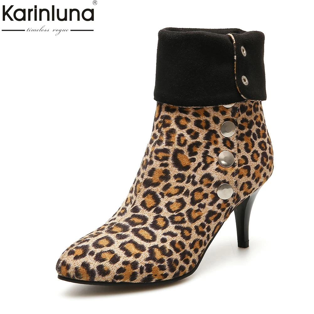 

Karinluna Large Size 32-46 Winter Leopard Print Party Women Shoes Woman Boots Warm Plush Sexy Thin High Heels Boots Woman Shoes