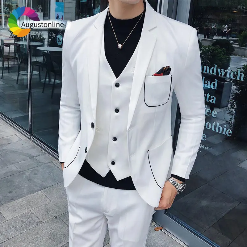 

2019 Elegent White Custom Made Men Suits Mens Wedding Suits Slim Fit Groom Tuxedo Prom Wear Man Blazer 3Piece Jacket Pants Vest