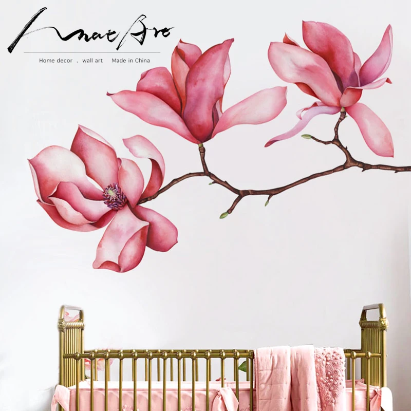 

Pink flower wall sticker decoration Magnolia Painting, home bedroom, living room decor Modern home Sticker mural nordic style