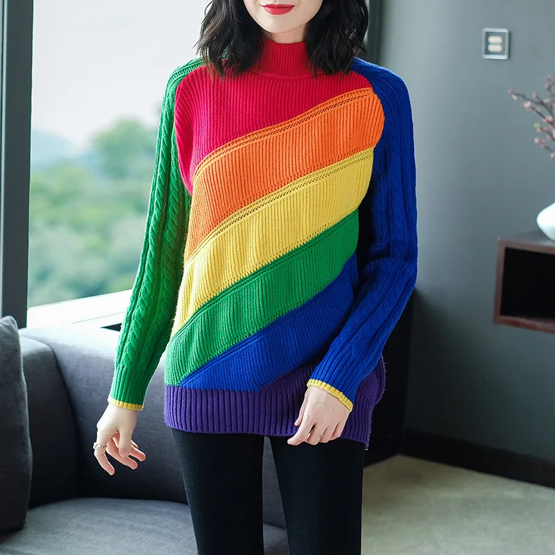 Rainbow striped half turtleneck elastic knit pullovers sweater 2018 new long sleeve women autumn winter thick loose sweater Rainbow striped half turtleneck elastic knit pullovers sweater 2018 new long sleeve women autumn winter thick loose sweater