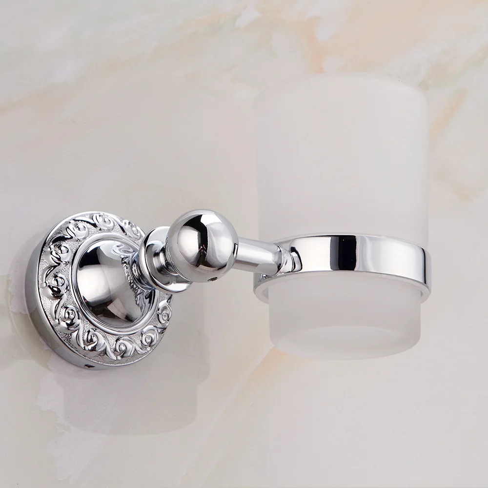 

Wall Mounted Carved Tumbler Holder Stainless Steel Silver Toothbrush Holder Bathroom Accessories Set Solid Single Cup Holder
