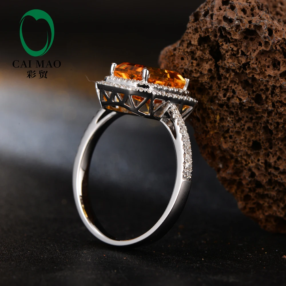 Caimao Jewelry Retro Romantic 7x9mm 2.45CT Citrine Emerald Shape & 0.39ct Natural Diamond 14K White Gold Ring