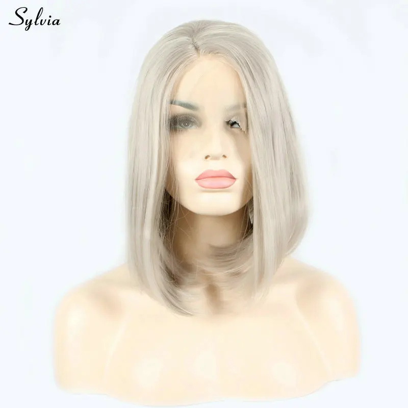 Sylvia 1" Платиновый короткий боб синтетический передний парик бежевый цвет прямые женские Замена мягкие волосы длина плеча без клея - Цвет: Платиновая блондинка