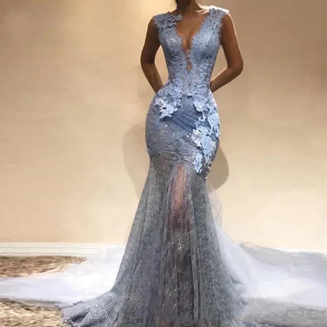 Элегантное пыльное синее кружевное длинное платье-Русалка для выпускного вечера 2019 сексуальное с v-образным вырезом прозрачное арабское