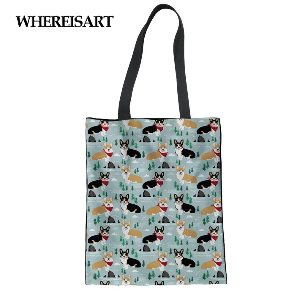

WHEREISART Canvas Environmental Protection Women 3d Corgi Printed Shopping Handbag Eco Reusable Shoulder Draw String Tote Bags